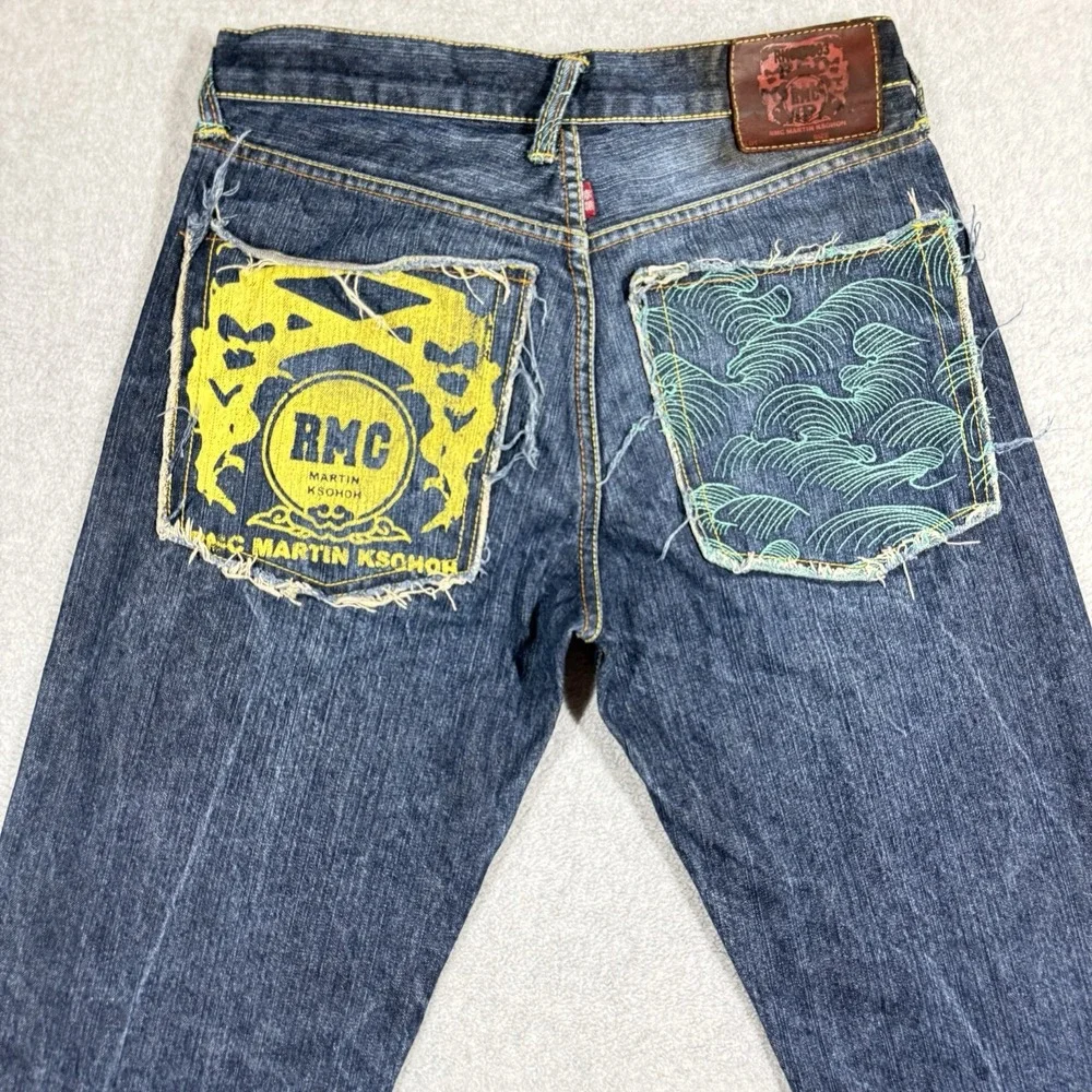 RMC Martin Ksohoh Red Monkey Company Mens Indigo Graphic Jeans Wave Logo 30x34
